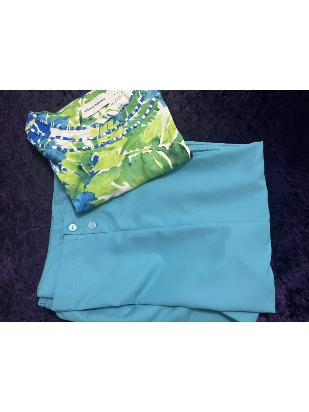 Alfred Dunner 2 Pc Outfit Size L Top 16 Capri Short Pants Summer Set Green Blue